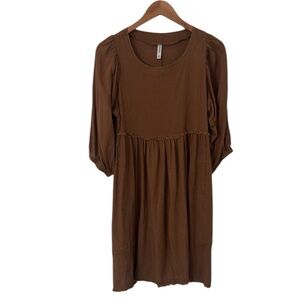 Zenana Washed Linen Pleated Puff Sleeve Dress Deep Camel Small